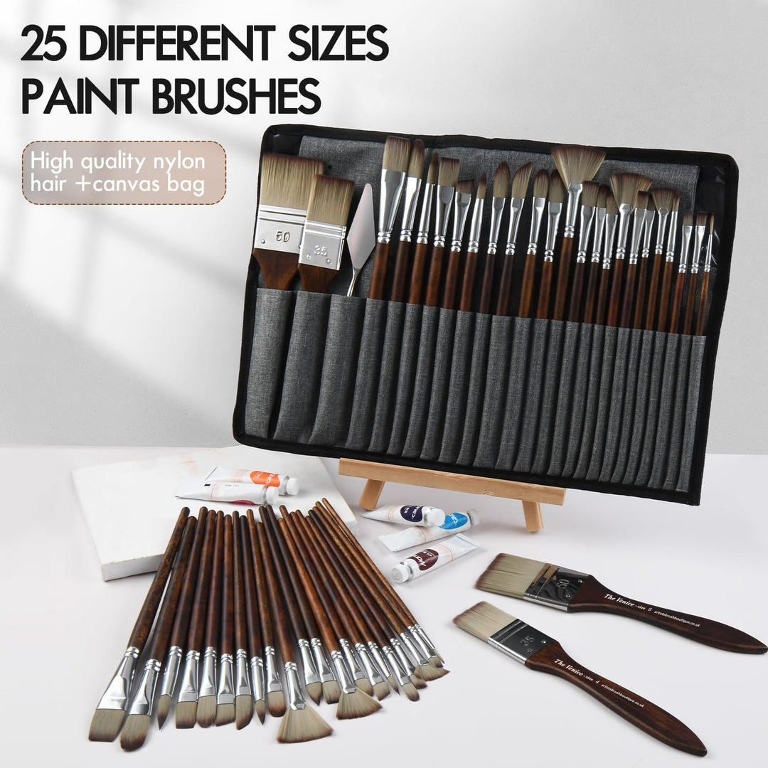 Set of 25 Premium Artist Brush Set with Canvas Roll Bag - The Venice