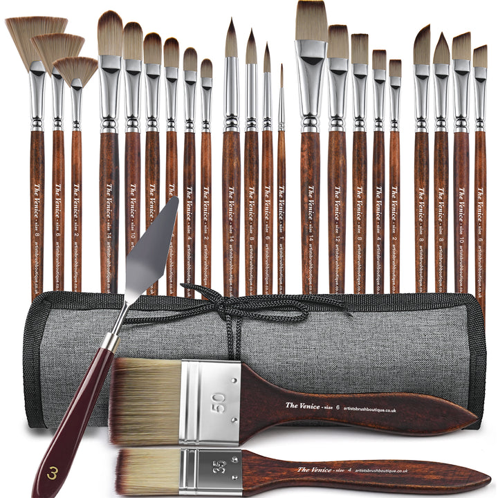 Set of 25 Premium Artist Brush Set with Canvas Roll Bag - The Venice