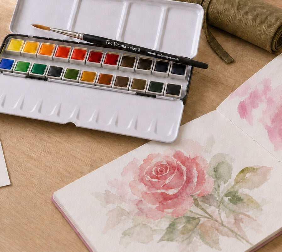 A tin of watercolour pans and a sable brush beside a rose painted in watercolour, on a wooden table in window light