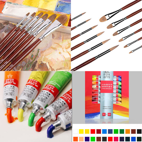 Set of 12 Sable Brush Set and Winsor & Newton Oils Set of 24