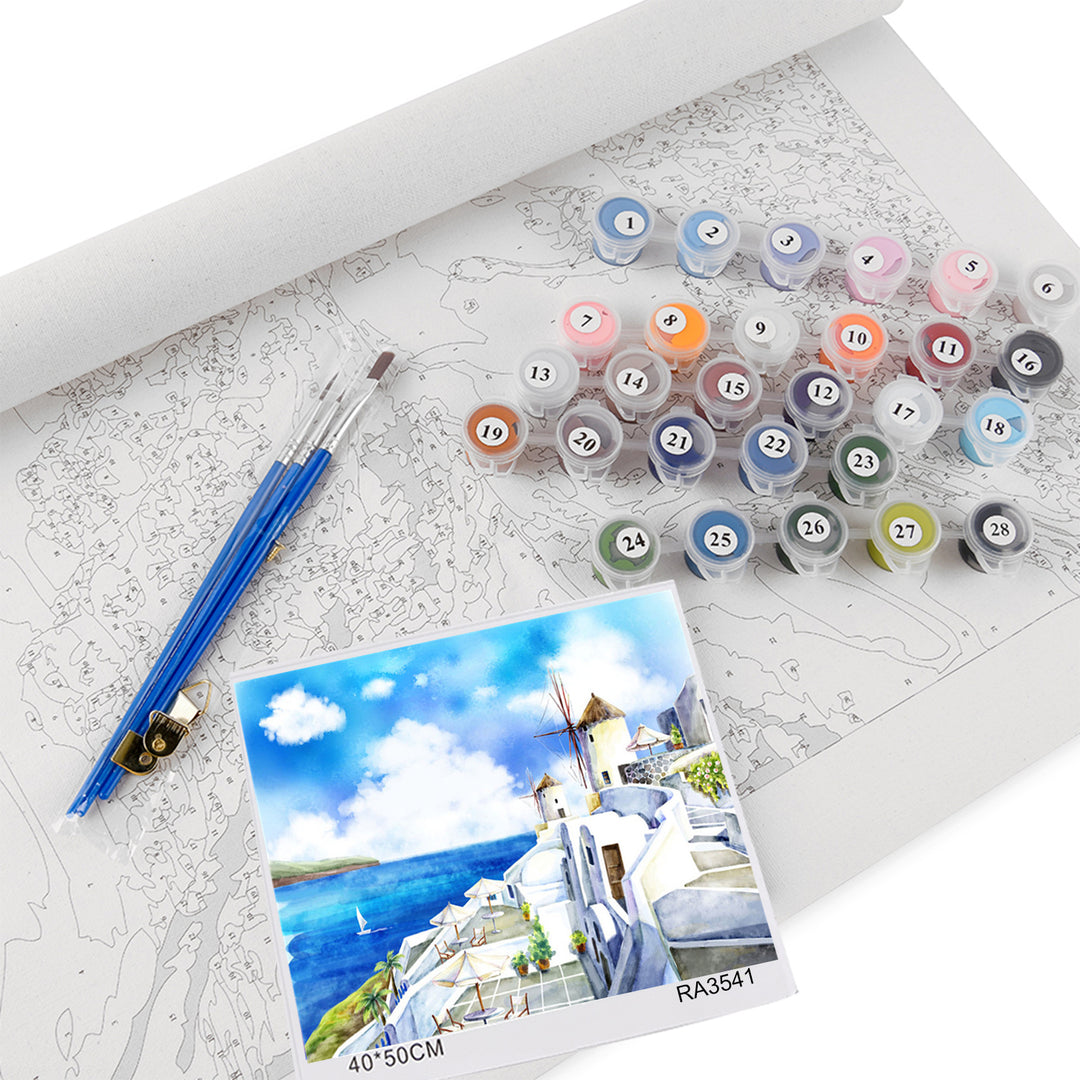 Premium Paint by Number Kit - FRAMED & UNFRAMED - Sun in Santorini - 40cm x 50cm