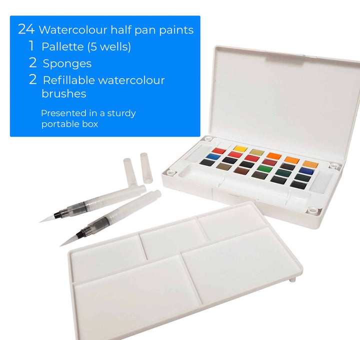 Complete Watercolour Painting Set – by Zieler | 24 Half Pan Watercolours with Sponges & Palette | 10 Premium Brushes | A3 Watercolour Pad | A3 Art Carry Bag - The Fine Art Warehouse