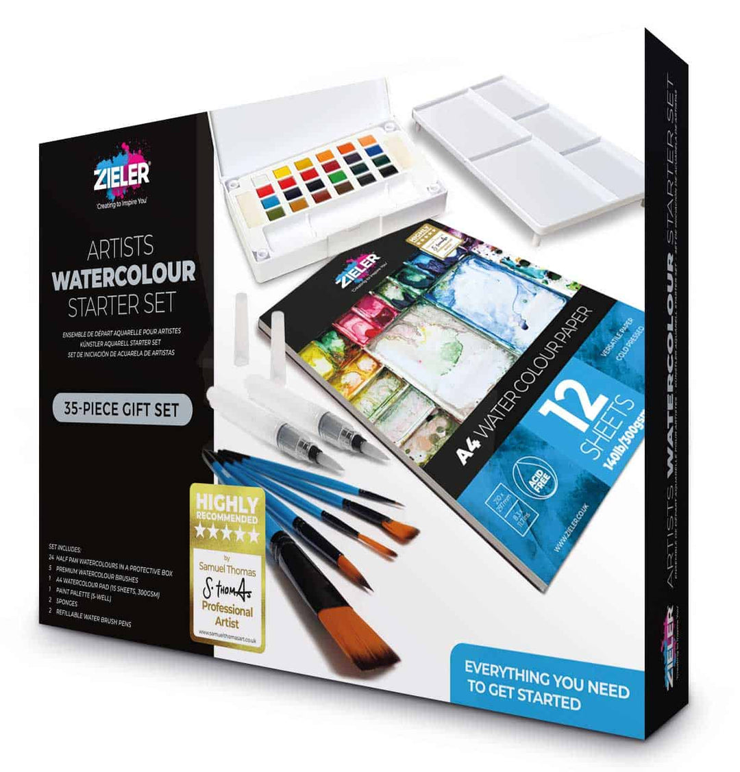 Watercolour Starter Art Gift Set – by Zieler | Contains: 24 Watercolour Half Pan Set, A4 Watercolour Pad & 5 Premium Watercolour Brushes - The Fine Art Warehouse