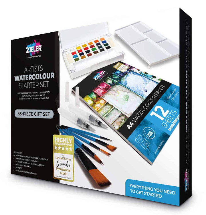 Watercolour Starter Art Gift Set – by Zieler | Contains: 24 Watercolour Half Pan Set, A4 Watercolour Pad & 5 Premium Watercolour Brushes - The Fine Art Warehouse