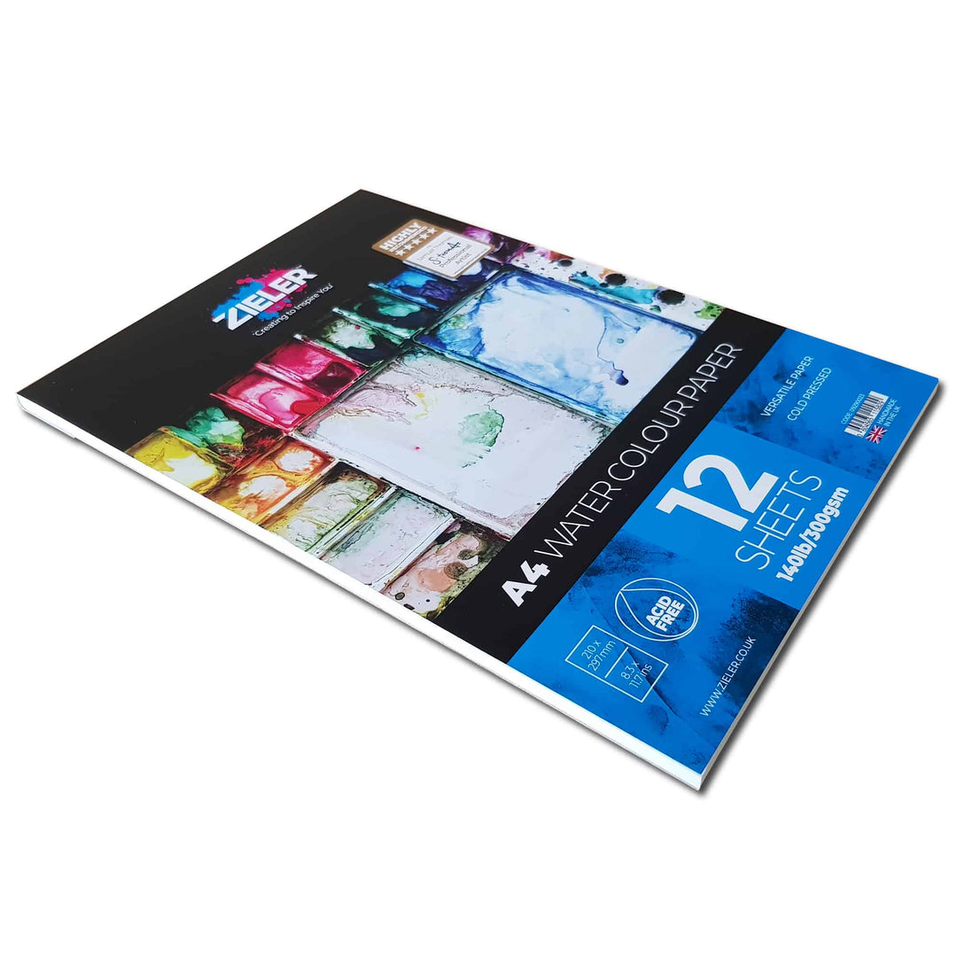 Watercolour Starter Art Gift Set – by Zieler | Contains: 24 Watercolour Half Pan Set, A4 Watercolour Pad & 5 Premium Watercolour Brushes - The Fine Art Warehouse