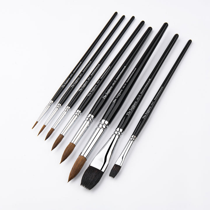 Set of 6 Sable Brush set with 2 Professional Synthetic Flat Head Brushes - The Sapporo