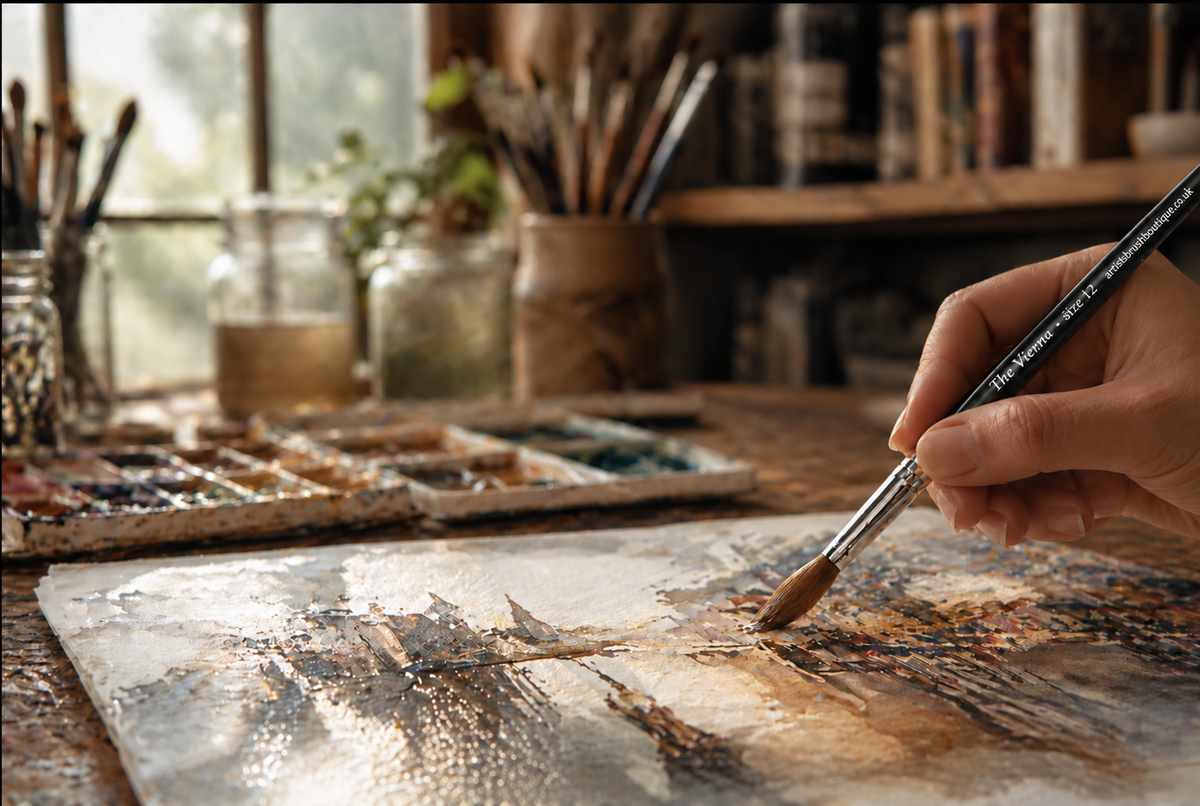 A tin of watercolour pans and a sable brush beside a rose painted in watercolour, on a wooden table in window light