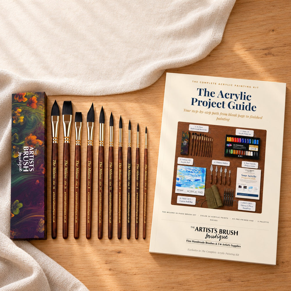 The Acrylic Project Guide beside the Milano brush set and its gift box