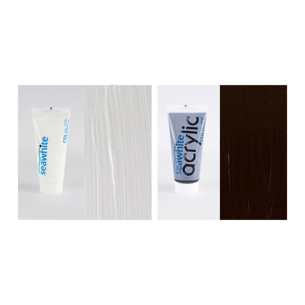 Seawhite acrylic paint pair: white and black 200ml tubes with paint swatches
