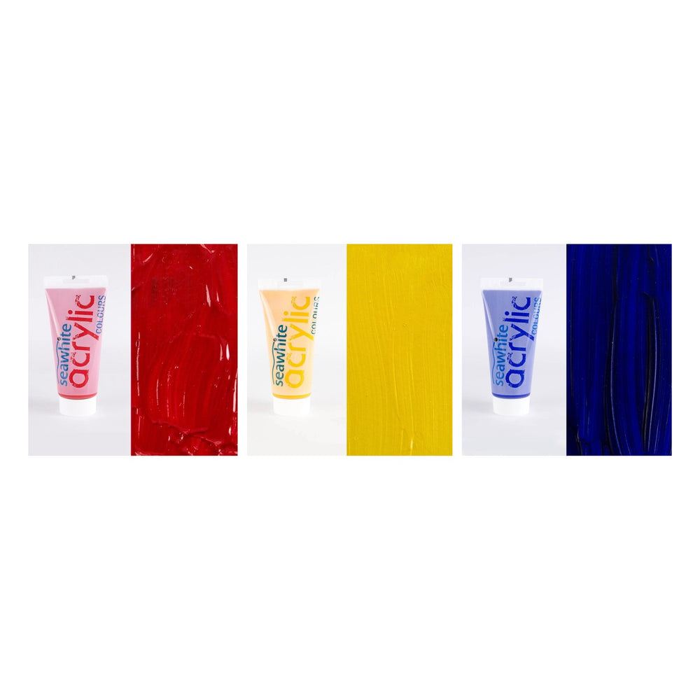 Seawhite acrylic paint primaries: red, yellow and blue 200ml tubes with paint swatches