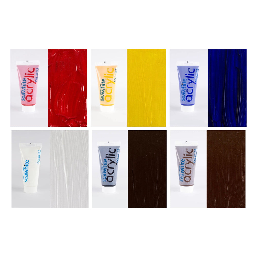 Seawhite acrylic studio set: red, yellow, blue, white, black and burnt umber 200ml tubes with swatches