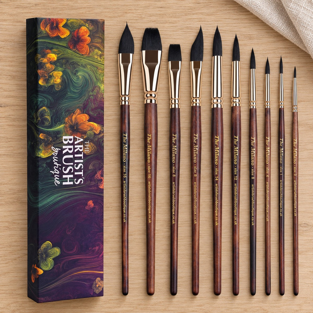 The ten Milano brushes beside their gift box