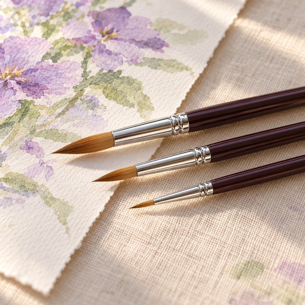 Three Florence sable rounds beside a floral watercolour