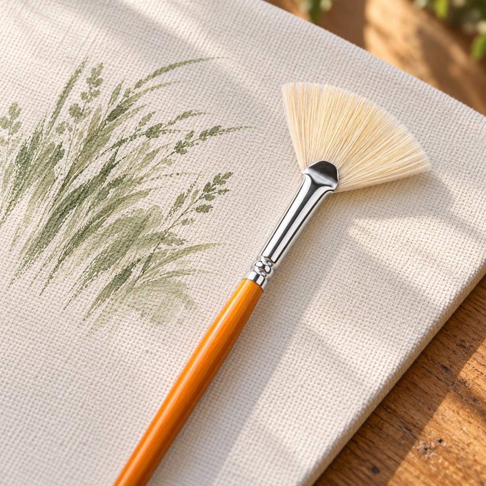 A Hogs Hair fan brush on canvas beside painted grasses