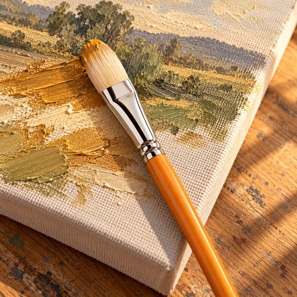 A Hogs Hair filbert resting on a textured oil painting