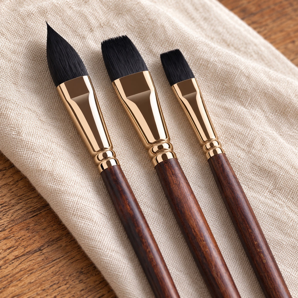 Three Milano brush shapes with their gold ferrules on linen