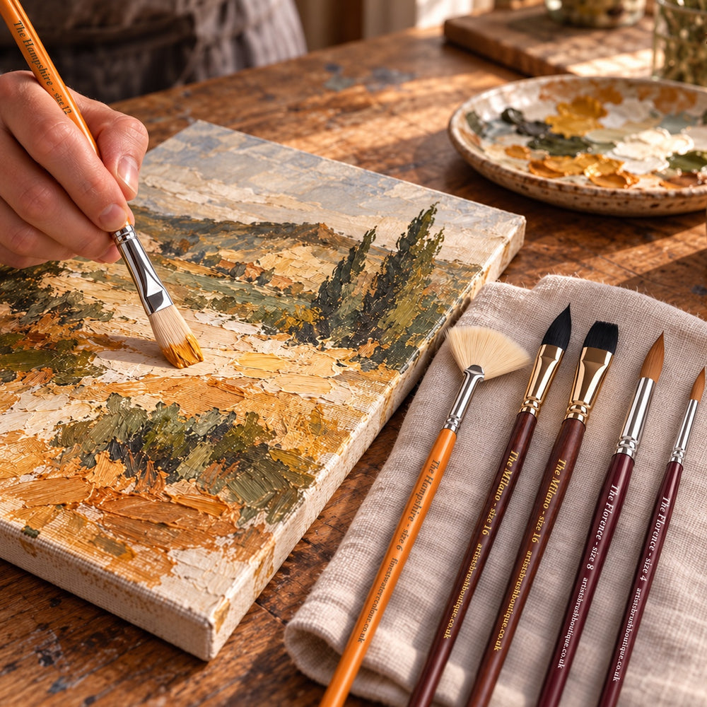 Painting a textured landscape with a Hogs Hair brush, with Milano and Florence brushes on the linen