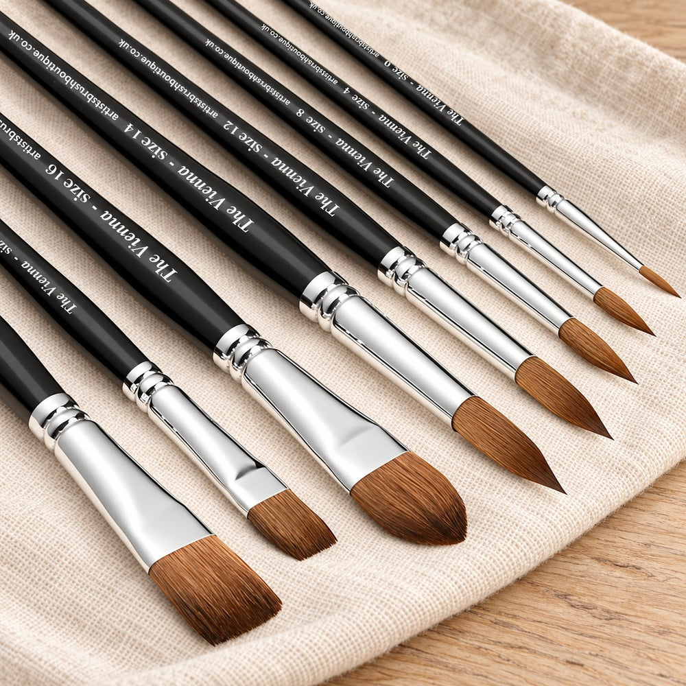 The eight Vienna sable brush heads on linen, from the size 16s down to the size 0