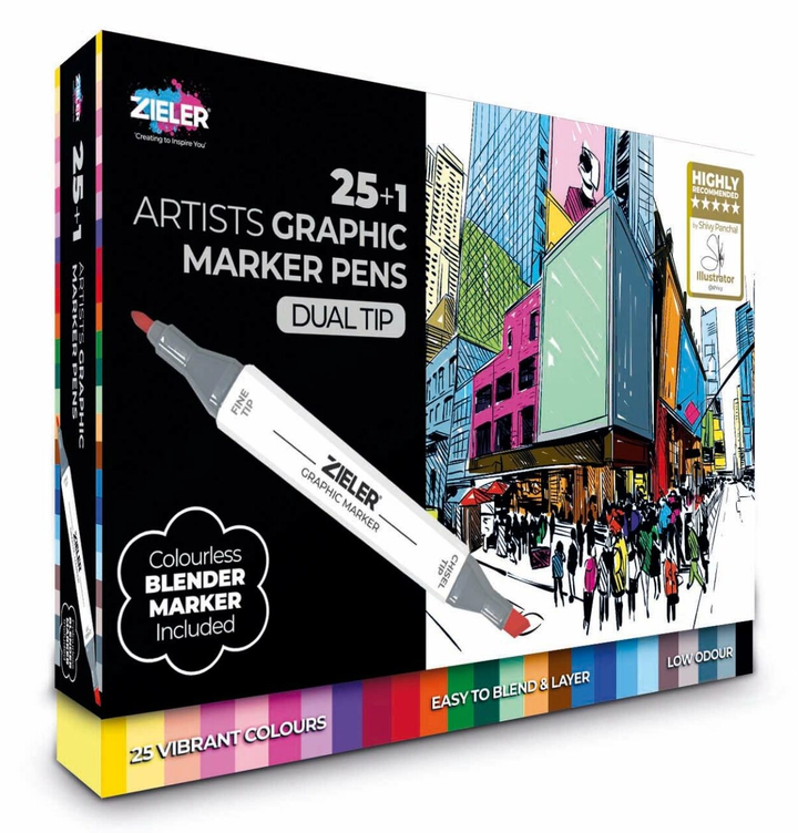 25 Artists Graphic Marker Pens + 1 Blending Marker Dual Tip