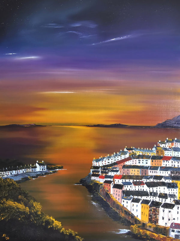 Twilight Harbour, oil on board, painted in a studio that was once a garage, by Liz Peck