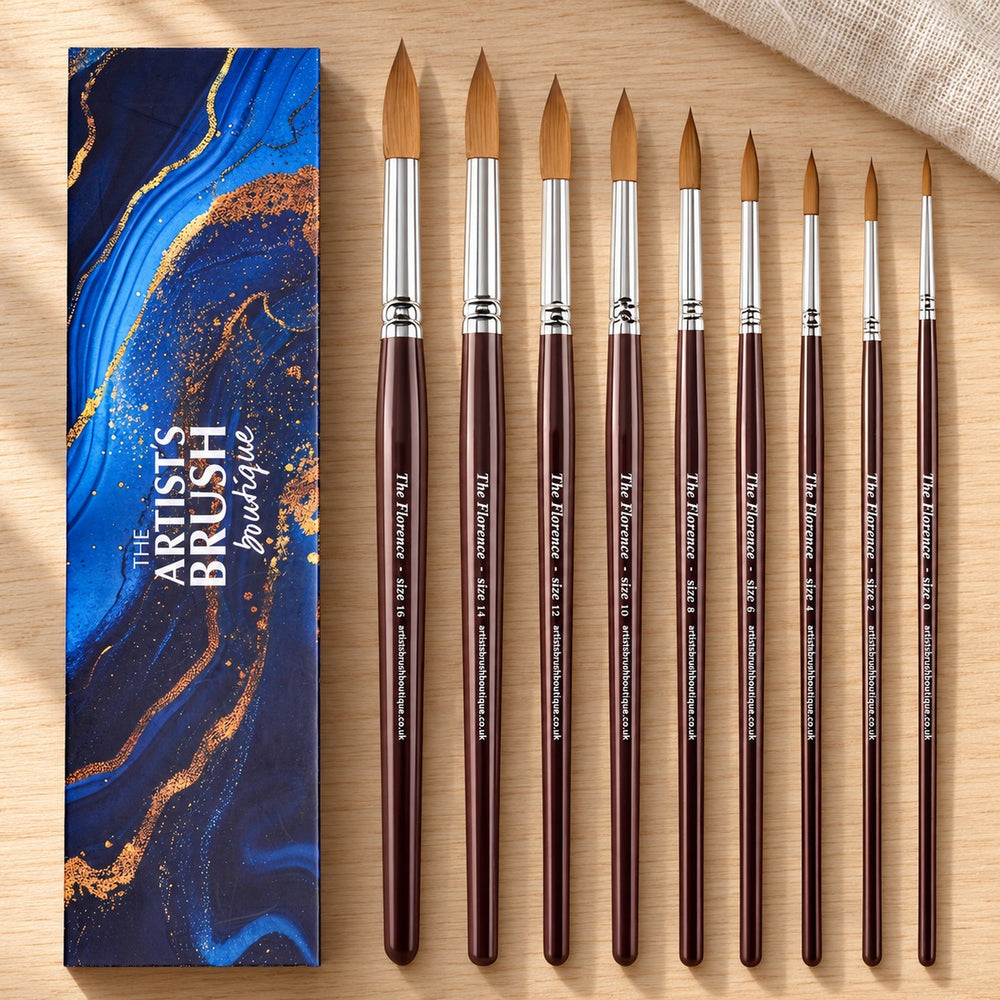 The Florence: 9 sable watercolour brushes, sizes 0 to 16, beside their gift box