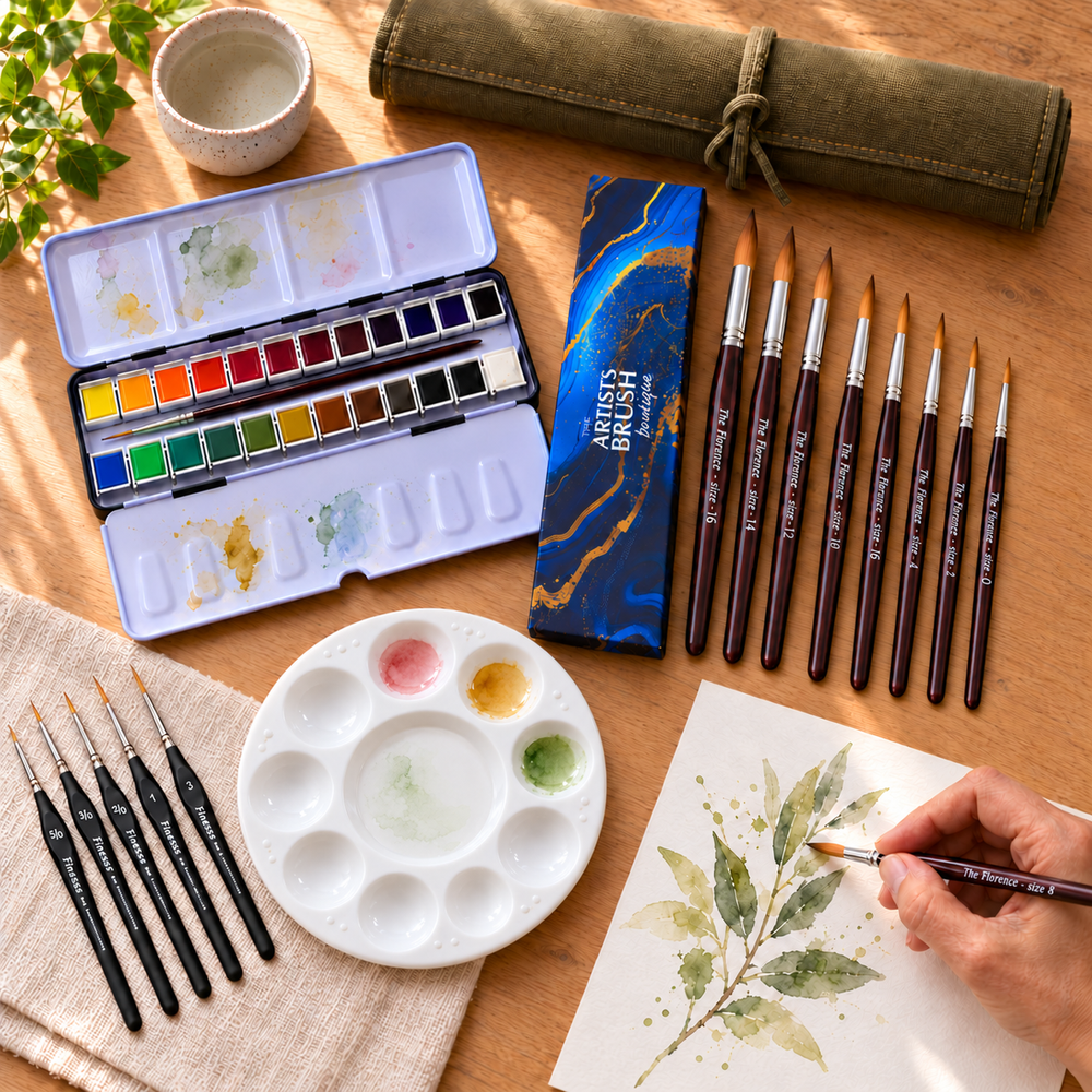 The Watercolour Trio in use: painting a leaf with a Florence brush, beside the Artway paint tin, mixing palette, Finesse brushes and canvas roll bag