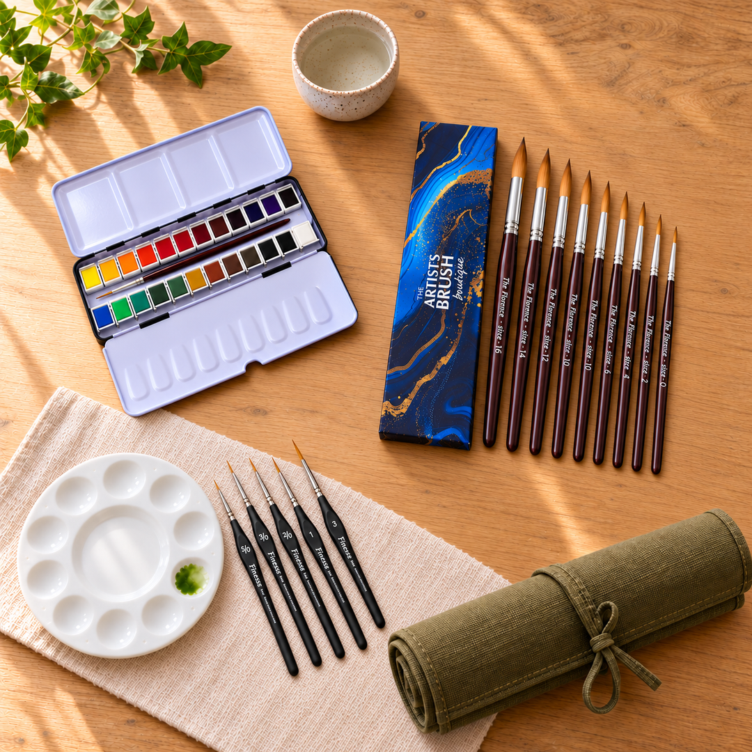 The Watercolour Trio on an oak table: The Florence 9 sable brushes, Watercolour Studio 24 paint tin and mixing palette, with the free Finesse Set of 5 and canvas roll bag
