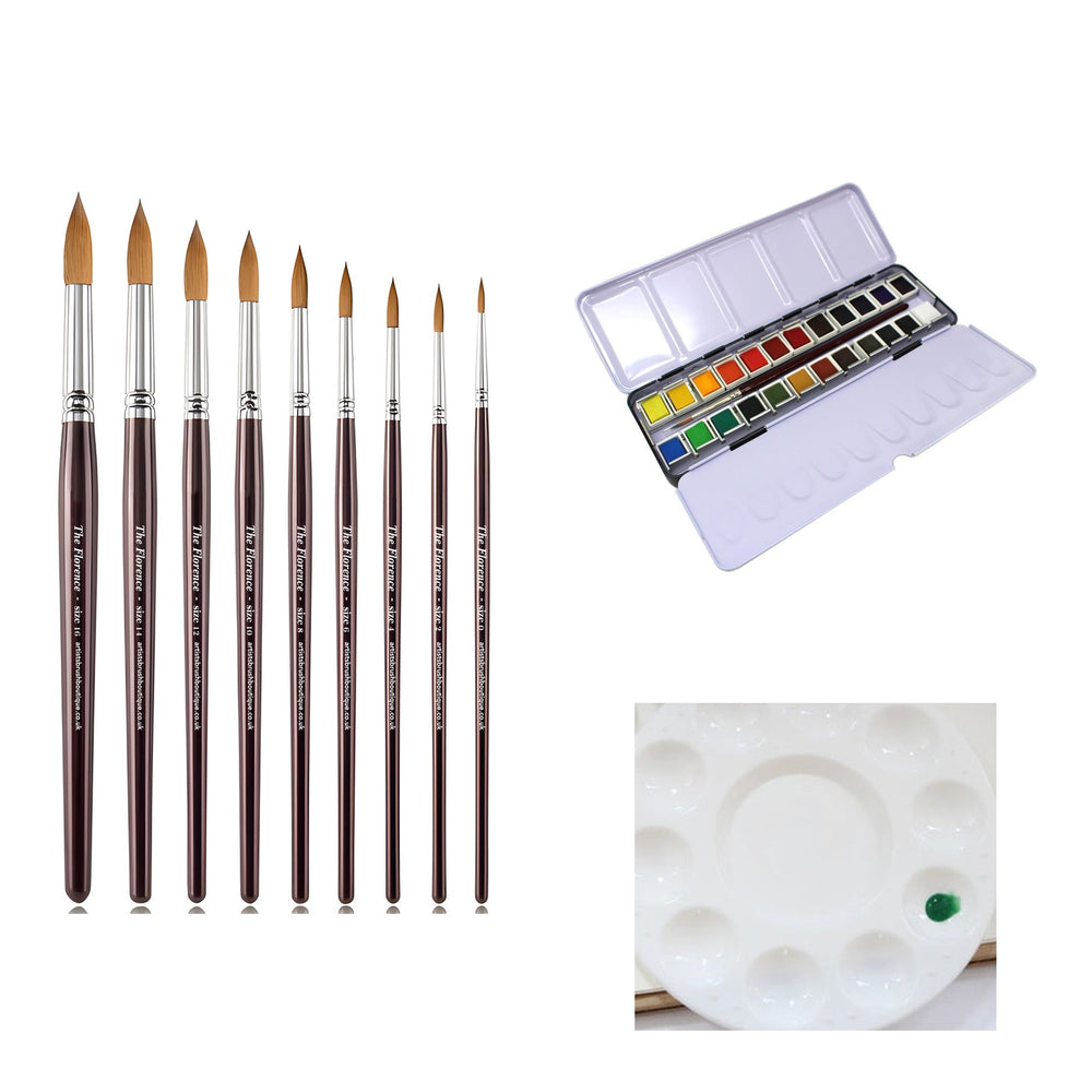 The Watercolour Trio: The Florence 9 sable brushes, Watercolour Studio 24 paint set and mixing palette