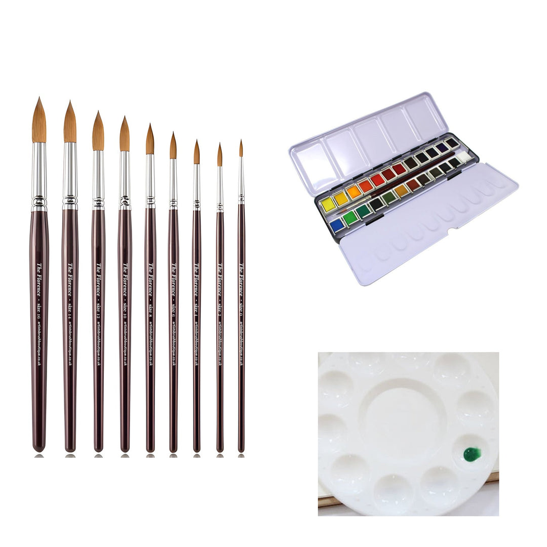 The Watercolour Trio: The Florence 9 sable brushes, Watercolour Studio 24 paint set and mixing palette