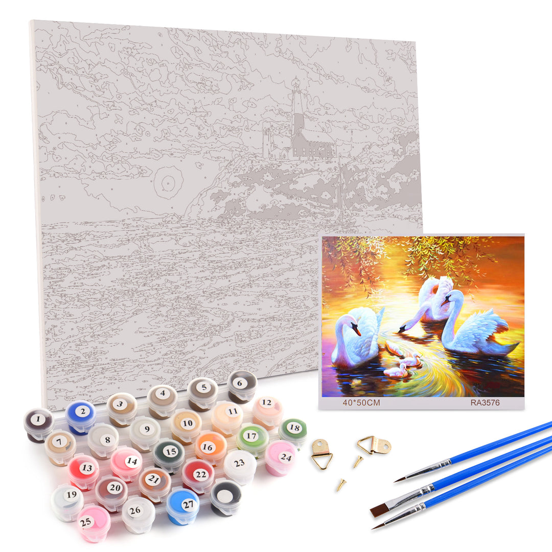 Premium Paint by Number Kit - FRAMED & UNFRAMED - Swans in Sunset - 40cm x 50cm