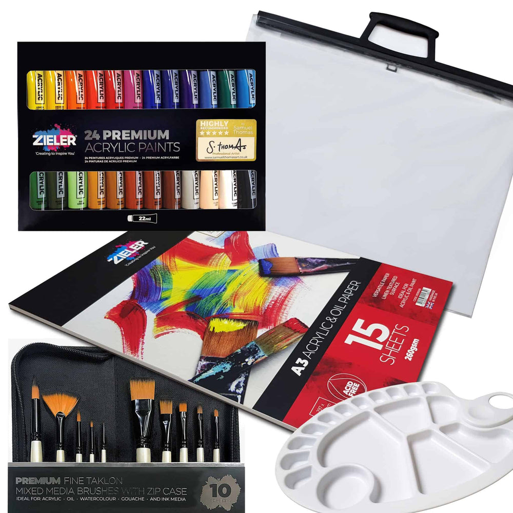 37-Piece Acrylic Paint Set Bundle with Clear A3 Art Bag – by Zieler | 24 Acrylic Colour Set (22ml tubes), A3 Acrylic Pad, 10 Assorted Brushes in Zip Case, 17-Well Palette & A3 Art Carry Bag - The Fine Art Warehouse