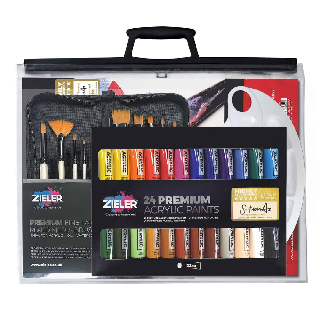 37-Piece Acrylic Paint Set Bundle with Clear A3 Art Bag – by Zieler | 24 Acrylic Colour Set (22ml tubes), A3 Acrylic Pad, 10 Assorted Brushes in Zip Case, 17-Well Palette & A3 Art Carry Bag - The Fine Art Warehouse