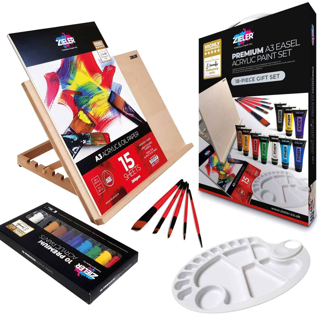 A3 Easel & Acrylic Paint Art Gift Set – by Zieler | Contains: A3 Adjustable Wooden Table Top Easel, 10 Acrylic Paint Colours (38ml tubes), 5 Premium Acrylic Paint Brushes, 17-Well Paint Palette & A3 Acrylic Pad - The Fine Art Warehouse