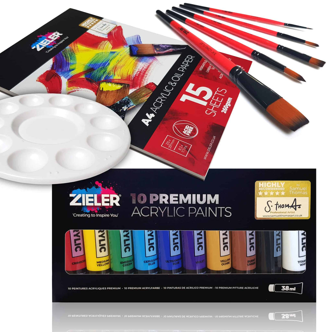 Acrylic Starter Gift Set – by Zieler | Contains: 10 Acrylic Paint Colours (38ml tubes), A4 Acrylic Painting Pad, 5 Premium Acrylic Painting Brushes & 11-Well Paint Palette - The Fine Art Warehouse