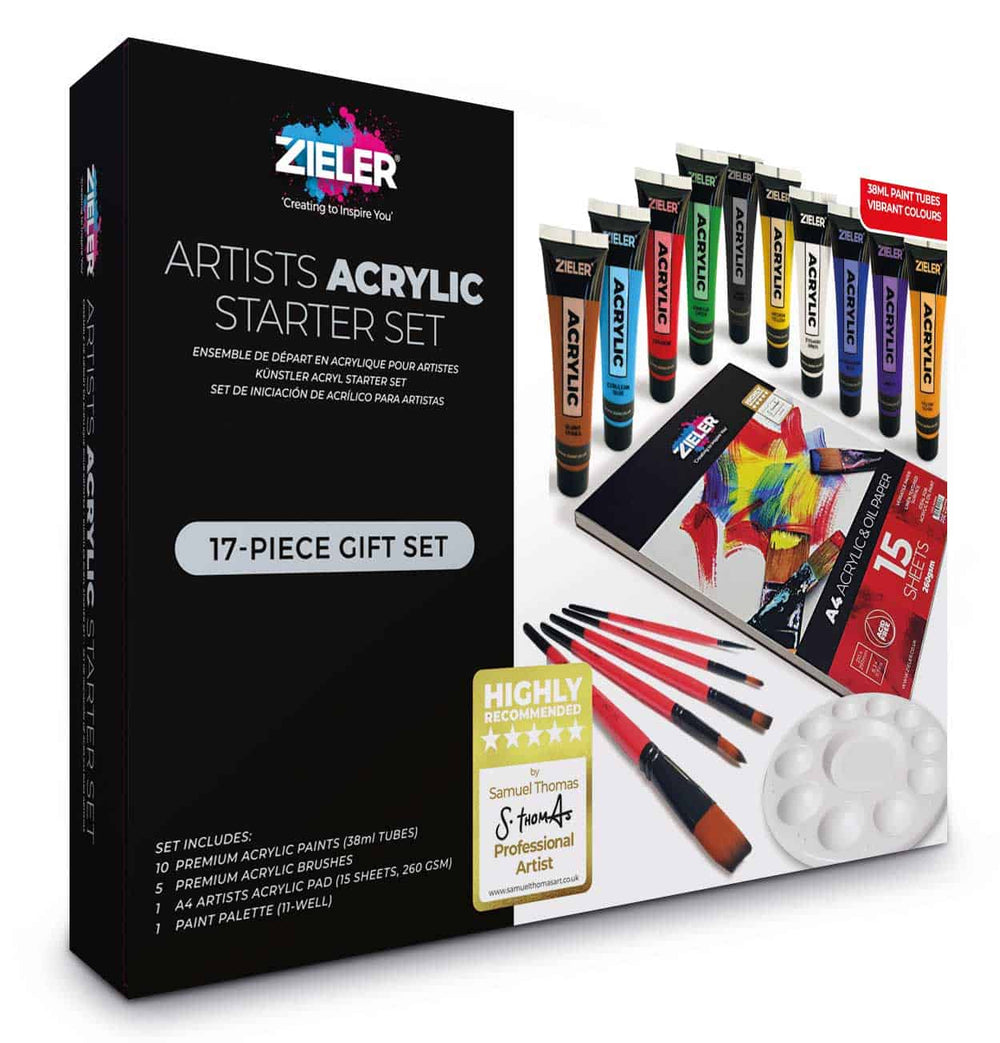 Acrylic Starter Gift Set – by Zieler | Contains: 10 Acrylic Paint Colours (38ml tubes), A4 Acrylic Painting Pad, 5 Premium Acrylic Painting Brushes & 11-Well Paint Palette - The Fine Art Warehouse