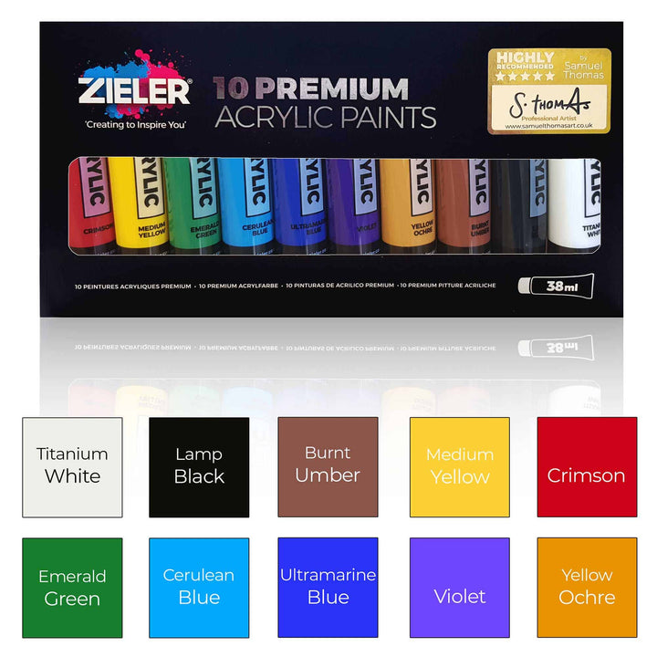 Acrylic Starter Gift Set – by Zieler | Contains: 10 Acrylic Paint Colours (38ml tubes), A4 Acrylic Painting Pad, 5 Premium Acrylic Painting Brushes & 11-Well Paint Palette - The Fine Art Warehouse