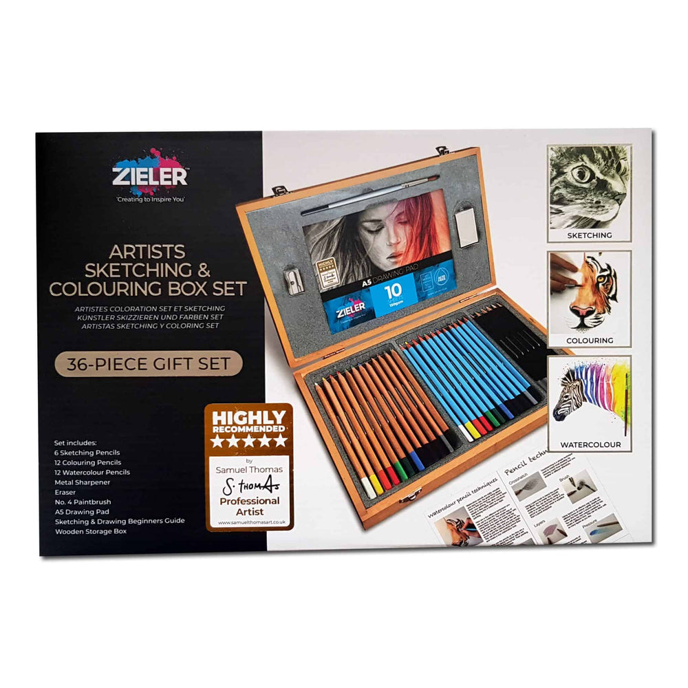 Artist Sketching and Colouring Pencils | 36 Piece Wooden Box Set – by Zieler - The Fine Art Warehouse