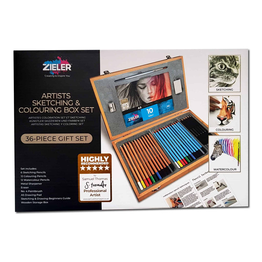 Artist Sketching and Colouring Pencils | 36 Piece Wooden Box Set – by Zieler - The Fine Art Warehouse