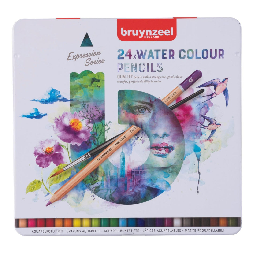BRUYNZEEL Expression watercolour pencil tin | 24 colours INCLUDES FREE PAINT BRUSH - The Fine Art Warehouse