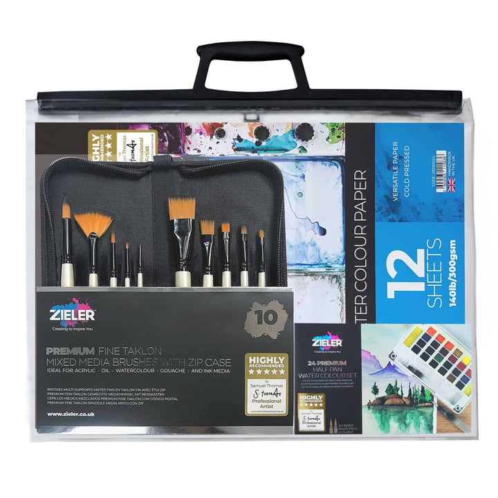 Complete Watercolour Painting Set – by Zieler | 24 Half Pan Watercolours with Sponges & Palette | 10 Premium Brushes | A3 Watercolour Pad | A3 Art Carry Bag - The Fine Art Warehouse