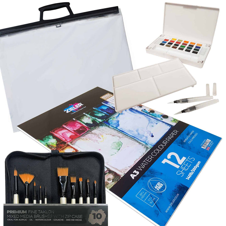 Complete Watercolour Painting Set – by Zieler | 24 Half Pan Watercolours with Sponges & Palette | 10 Premium Brushes | A3 Watercolour Pad | A3 Art Carry Bag - The Fine Art Warehouse