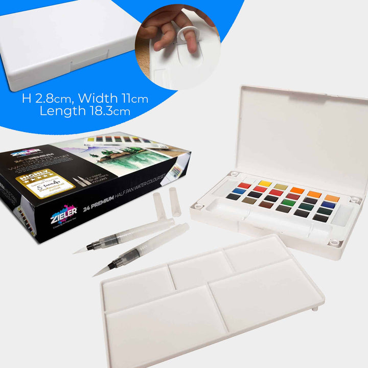 Complete Watercolour Painting Set – by Zieler | 24 Half Pan Watercolours with Sponges & Palette | 10 Premium Brushes | A3 Watercolour Pad | A3 Art Carry Bag - The Fine Art Warehouse