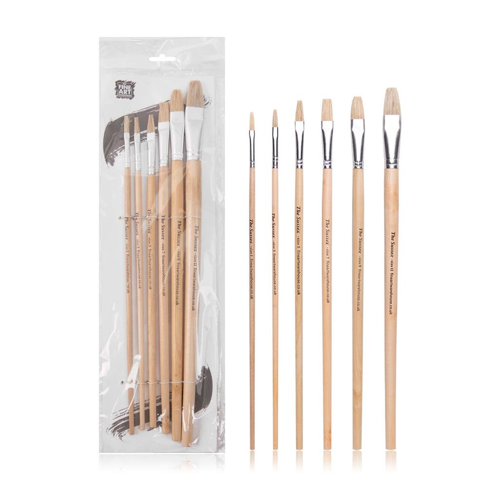 Natural Hair (Budget) Brush Set of 6 flat head- sizes 1,3,5,7,9,11 - The Fine Art Warehouse