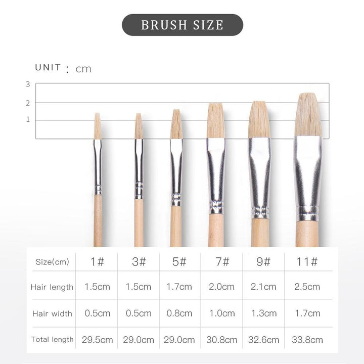 Natural Hair (Budget) Brush Set of 6 flat head- sizes 1,3,5,7,9,11 - The Fine Art Warehouse