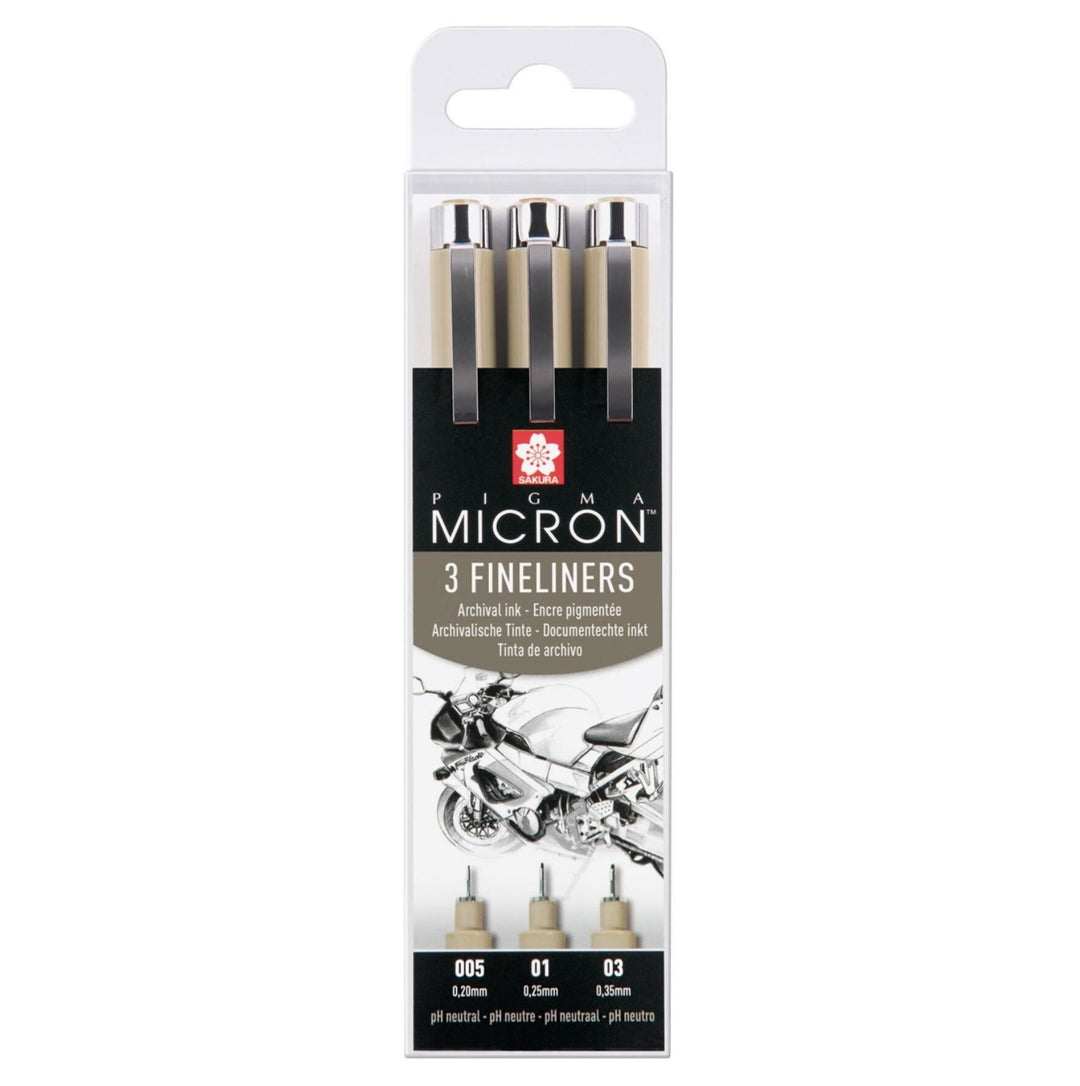 Pigma Micron fineliner set Design | 3 pens, 0.2 mm + 0.25 mm + 0.3 mm, black - The Fine Art Warehouse