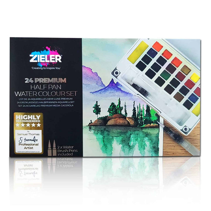 Premium 24 Half Pan Watercolour set with Detachable Pallet and 2 x Watercolour Brushes – by Zieler - The Fine Art Warehouse
