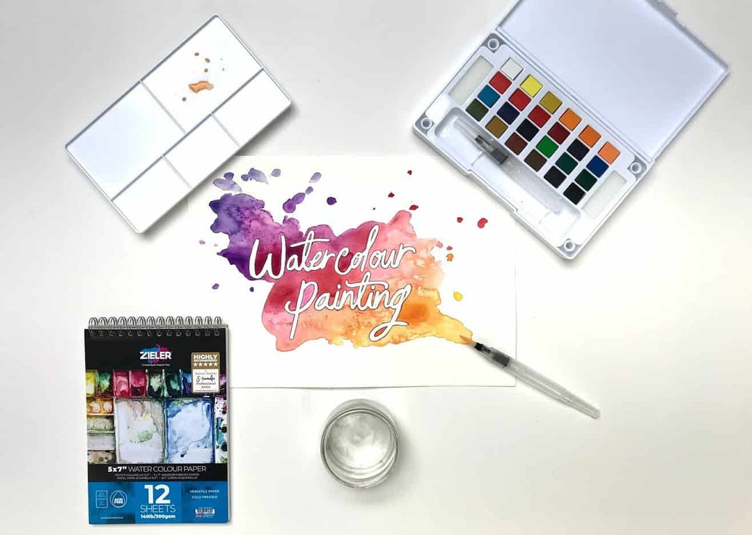 Premium 24 Half Pan Watercolour set with Detachable Pallet and 2 x Watercolour Brushes – by Zieler - The Fine Art Warehouse
