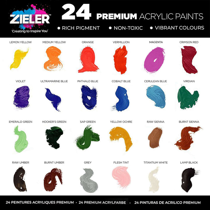 Premium Acrylic Paint Selection Set (24 x 22ml Tubes) – by Zieler - The Fine Art Warehouse