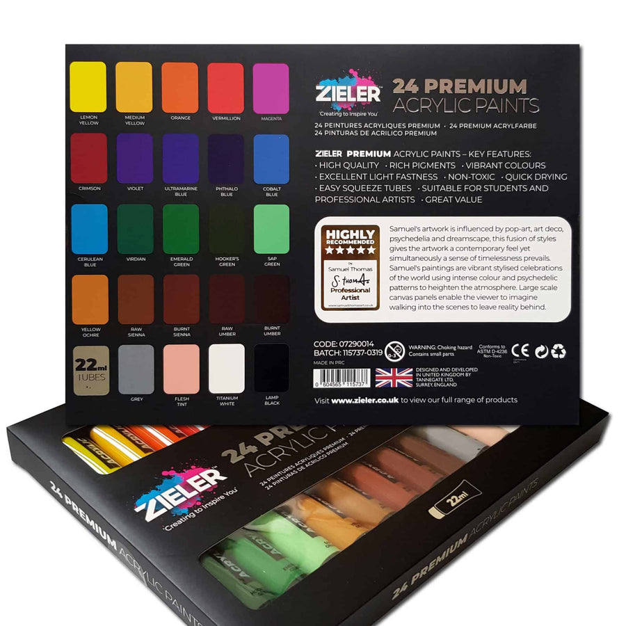 Premium Acrylic Paint Selection Set (24 x 22ml Tubes) – by Zieler