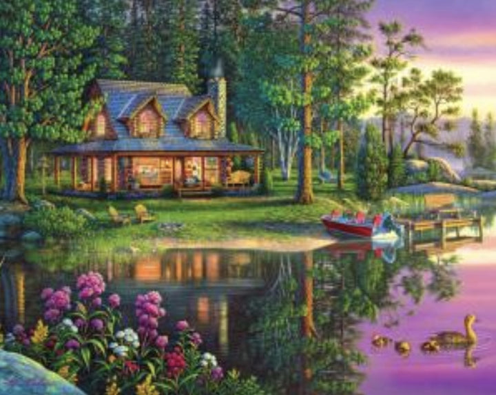 Premium paint by numbers - Lakeside Cabin - 40cm x 50cm - The Fine Art Warehouse